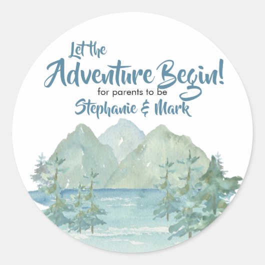 Rustic Mountains Waterverf Adventure Baby shower Ronde Sticker (Voorkant)