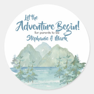 Rustic Mountains Waterverf Adventure Baby shower Ronde Sticker