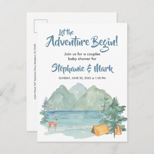 Rustic Mountains Waterverf Adventure Baby shower Uitnodiging Briefkaart (Voorkant / Achterkant)