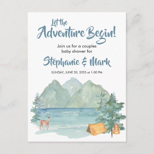 Rustic Mountains Waterverf Adventure Baby shower Uitnodiging Briefkaart (Voorkant)