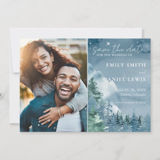 Rustic Mountains Waterverf donkerblauw Save The Date (Voorkant)