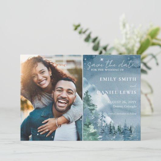 Rustic Mountains Waterverf donkerblauw Save The Date (Staand voorkant)