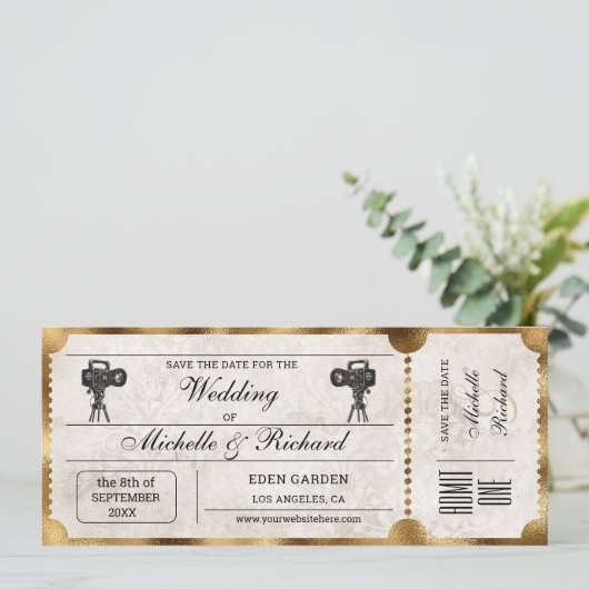 Rustic Movie Ticket Bewaar de Datum Kaart (Staand voorkant)