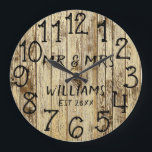 Rustic Mr and Mrs Wood Wedding Anniversary Grote Klok<br><div class="desc">Add a warm, personal touch to your home with this personalized rustic wood family name clock. The design features a faux rustic brown wood background with elegant script personalization for his and her names, along with the family last name and established year in bold script. Perfect for celebrating a wedding,...</div>