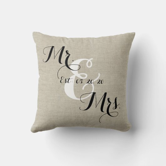 Rustic Mr. en Mrs Linen Custom Wedding Pillow Kussen (Achterkant)