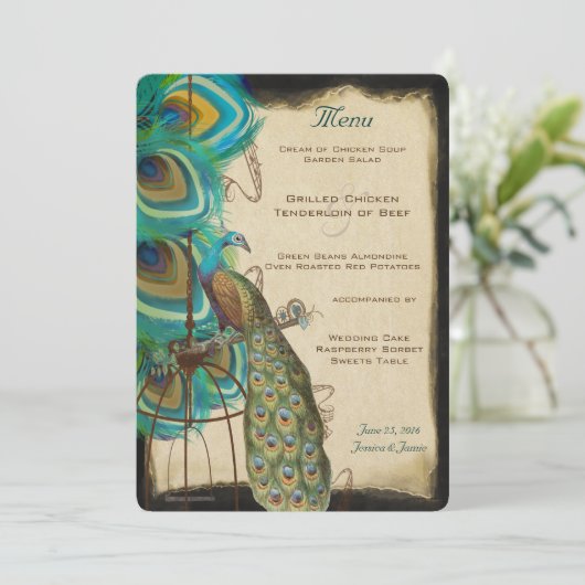 Rustic Musical Peacock Birdcage Romantic Feather Menu (Staand voorkant)