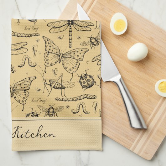 Rustic Mustard Geel en Zwart Insect Theedoek (Quarter Fold)