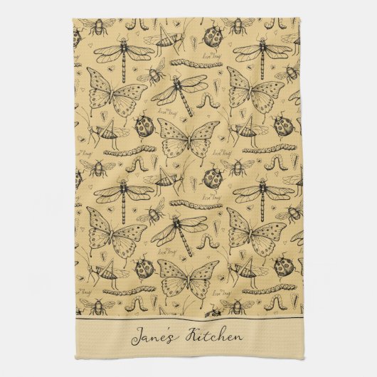 Rustic Mustard Geel en Zwart Insect Theedoek (Verticaal)