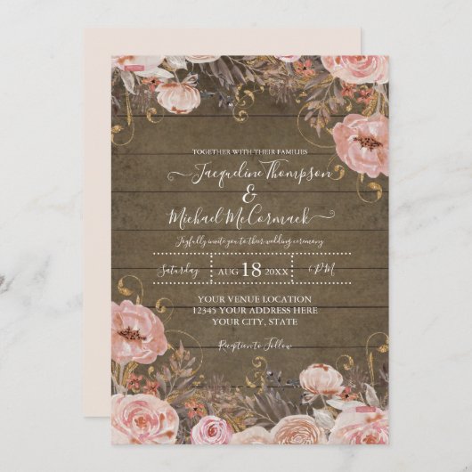 Rustic Muted Blush Pink Waterverf Floral Roos Kaart (Voorkant / Achterkant)