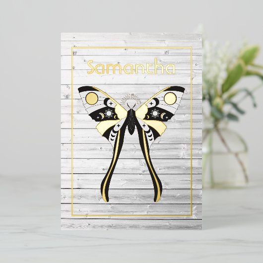 Rustic Mystical Celestial Gold en Silver Moth Folie Uitnodiging (Staand Voorkant)
