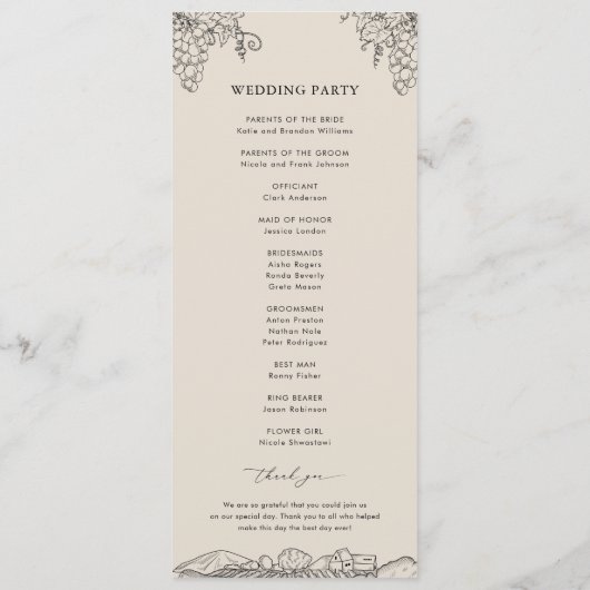 Rustic Napa Valley Winery Vineyard Wedding Programmakaart (Achterkant)