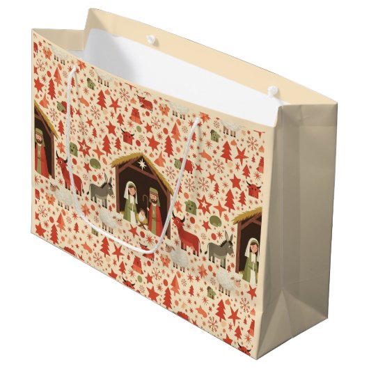 Rustic Nativity Scene Christmas Gift Bag Groot Cadeauzakje (Voorkant Gekanteld)