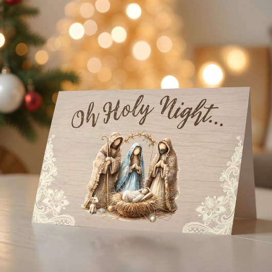 Rustic Nativity Scene Oh Holy Night Christmas Card Feestdagen Kaart