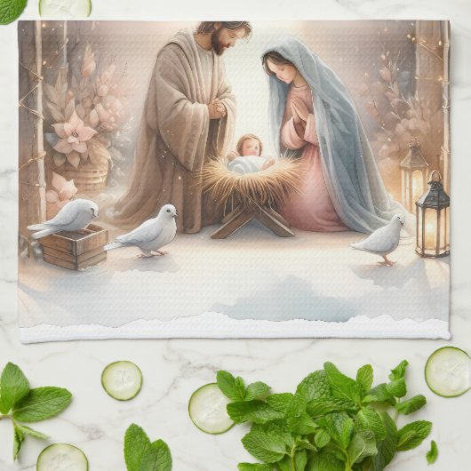 Rustic Nativity Scene with Winter Florals Theedoek (Gevouwen)