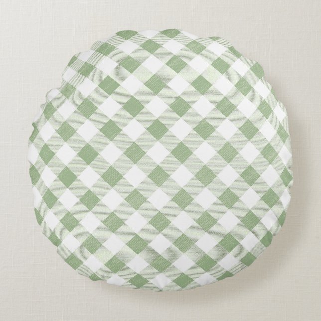 Rustic Natural Sage Gingham Pset Rond Kussen (Voorkant)