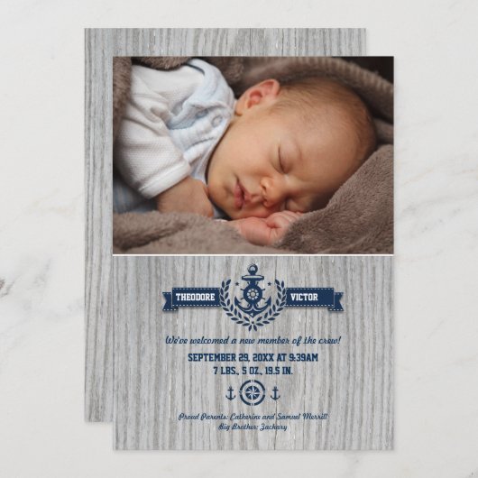 Rustic Nautical Baby Photo Birth Aankondiging (Voorkant / Achterkant)