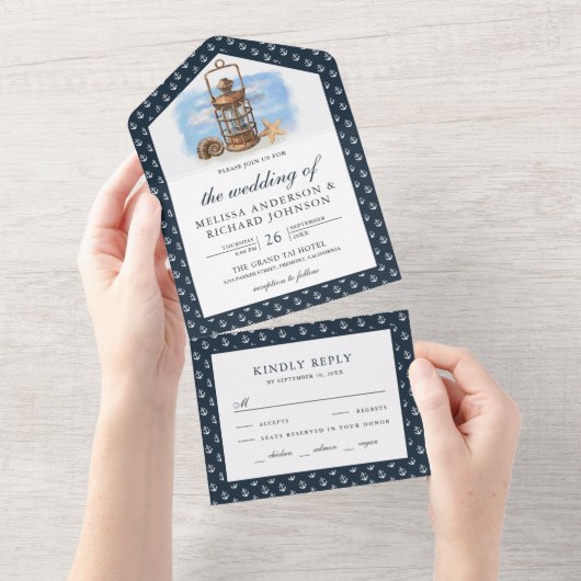 Rustic Nautical Lantern Navy Blue Wedding All In One Uitnodiging (Afscheurbaar)