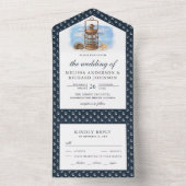Rustic Nautical Lantern Navy Blue Wedding All In One Uitnodiging (Binnen)