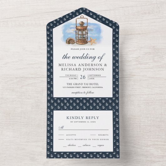 Rustic Nautical Lantern Navy Blue Wedding All In One Uitnodiging (Binnen)