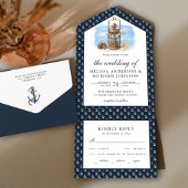 Rustic Nautical Lantern Navy Blue Wedding All In One Uitnodiging