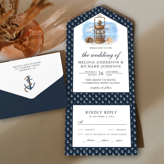 Rustic Nautical Lantern Navy Blue Wedding All In One Uitnodiging