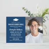 Rustic Navy Achtertuin BBQ Foto Graduation Party Kaart (Staand voorkant)