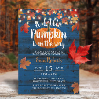 Rustic Navy Barn Autumn Leaves Pumpkin Baby shower Kaart