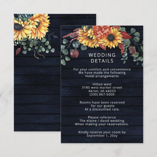 Rustic Navy Barn Wood Country Sunflower Weddenscha Informatiekaartje (Voorkant / Achterkant)