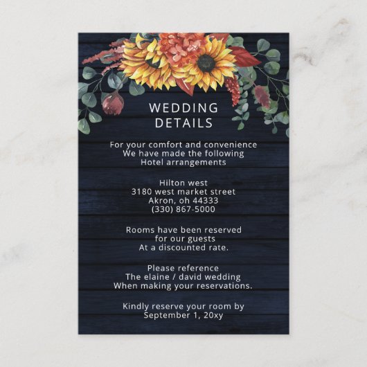 Rustic Navy Barn Wood Country Sunflower Weddenscha Informatiekaartje (Voorkant)