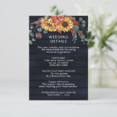 Rustic Navy Barn Wood Country Sunflower Weddenscha Informatiekaartje (Staand voorkant)