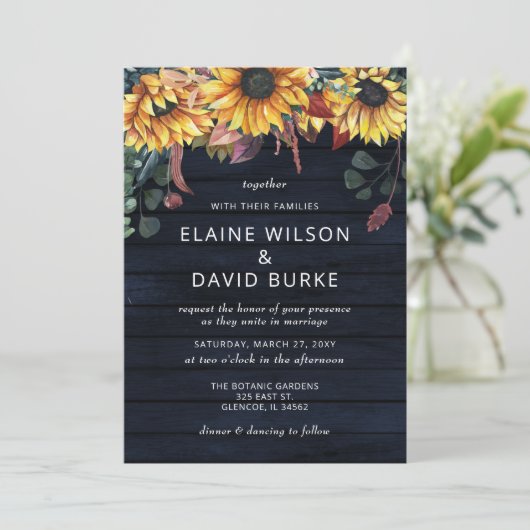 Rustic Navy Barn Wood Country Sunflower Weddenscha Kaart (Staand voorkant)