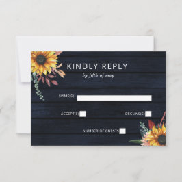 Rustic Navy Barn Wood Country Sunflower Weddenscha RSVP Kaartje