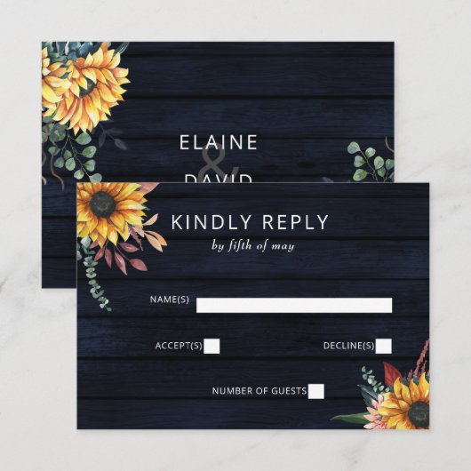 Rustic Navy Barn Wood Country Sunflower Weddenscha RSVP Kaartje (Voorkant / Achterkant)