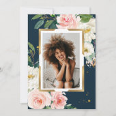 Rustic Navy Blauw & Blush Roze Bloemen Goud Lijst Kaart (Voorkant)