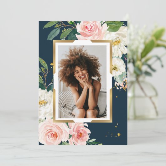 Rustic Navy Blauw & Blush Roze Bloemen Goud Lijst Kaart (Staand voorkant)