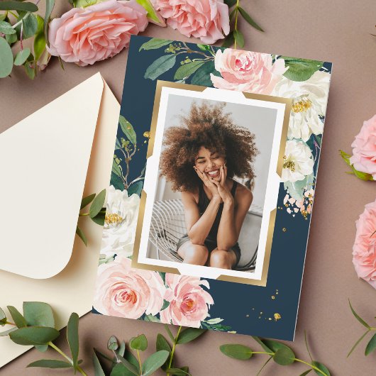 Rustic Navy Blauw & Blush Roze Bloemen Goud Lijst Kaart