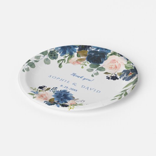 Rustic Navy Blauwe Bloemen Bloeien Trouwen Papieren Bordje (Gekanteld)