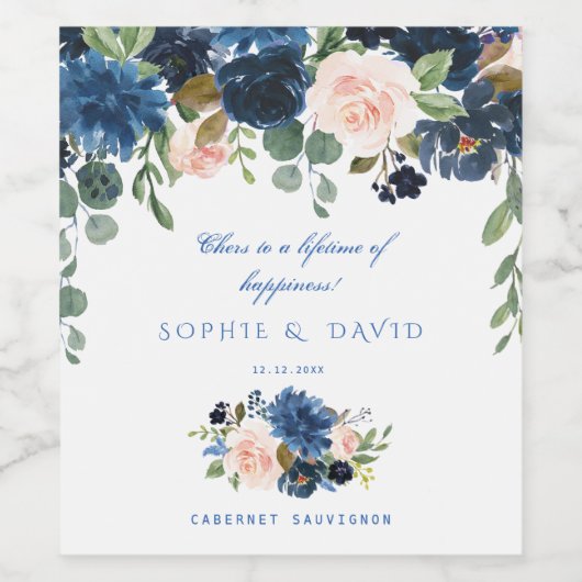 Rustic Navy Blauwe Bloemen Bloeien Trouwen Wijn Etiket (Enkel label)