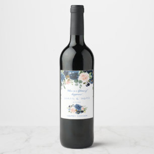 Rustic Navy Blauwe Bloemen Bloeien Trouwen Wijn Etiket