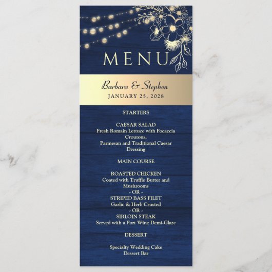 Rustic Navy Blauwe Huwelijk Menu (Voorkant)