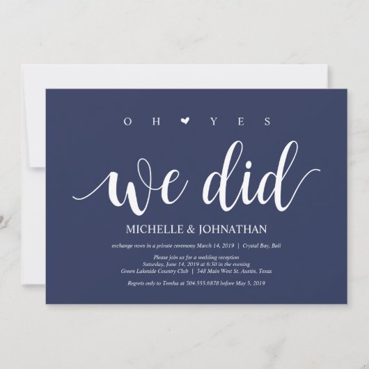 Rustic Navy Blauwe Trouw Elopement Ontvangst Kaart (Voorkant)