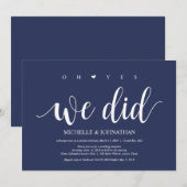 Rustic Navy Blauwe Trouw Elopement Ontvangst Kaart (Voorkant / Achterkant)
