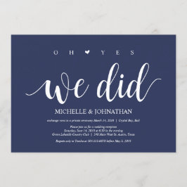 Rustic Navy Blauwe Trouw Elopement Ontvangst Kaart