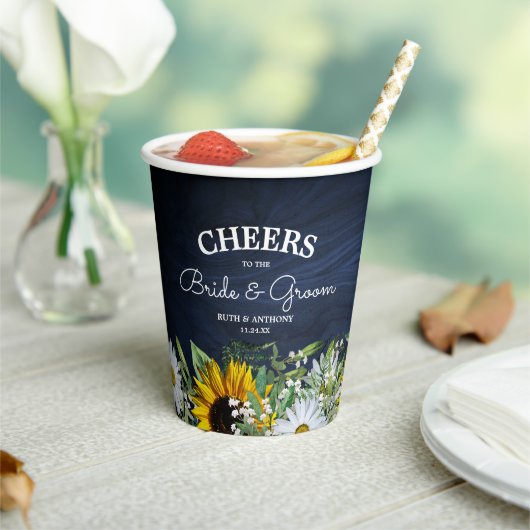 Rustic Navy Blauwe Zonnebloem|Margarine  Papieren Bekers (Insitu)