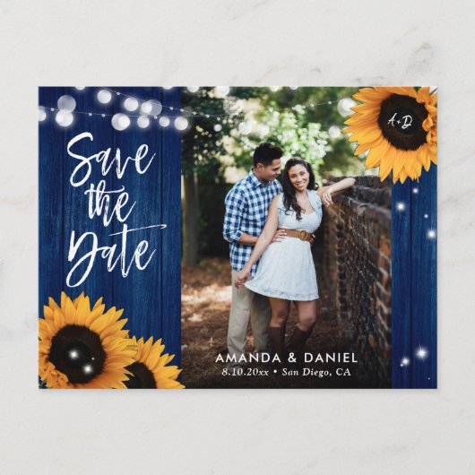 Rustic Navy Blauwe Zonnebloem Save The Date Postca Aankondigingskaart (Voorkant)