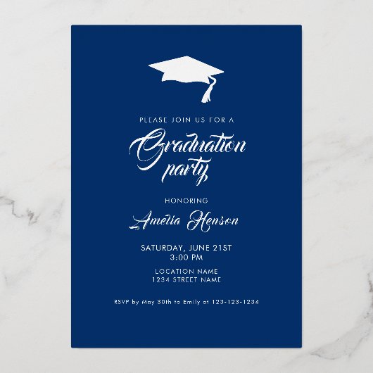 Rustic Navy Blue Afstuderen Afstuderen Gold Folie Uitnodiging (Achterkant)