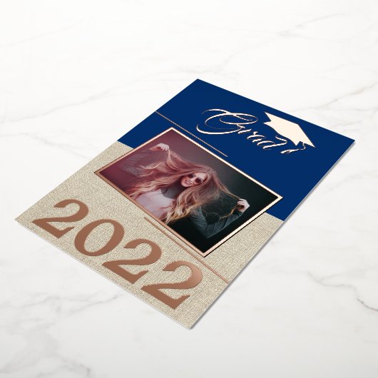 Rustic Navy Blue Afstuderen Afstuderen Gold Folie Uitnodiging (Gedraaid)