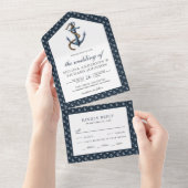 Rustic Navy Blue Anchor Nautical Wedding All In One Uitnodiging (Afscheurbaar)
