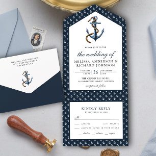 Rustic Navy Blue Anchor Nautical Wedding All In One Uitnodiging