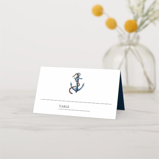 Rustic Navy Blue Anchor Nautical Wedding Plaatskaartje (Voorkant)